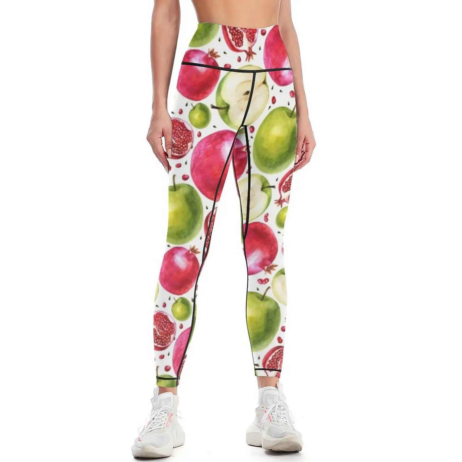 Yoga Fitness Apple - Watercolor pattern. Pomegranate and apple. Leggings